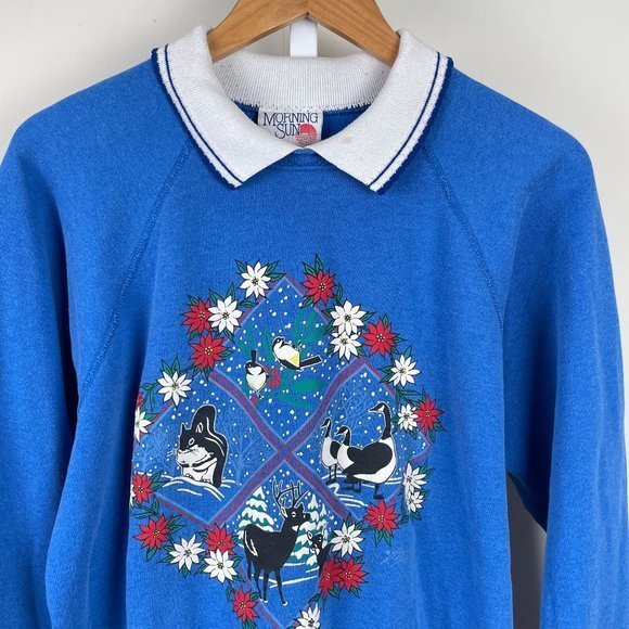 Vintage Morning Sun‎ Blue Grandma Sweatshirt Winter Animals Womens XL - Picture 2 of 10